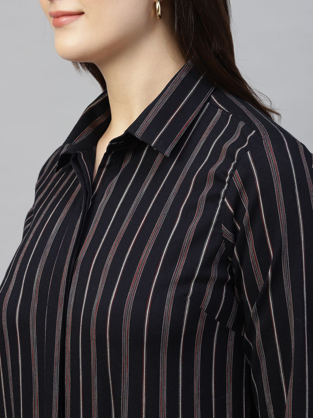 Hancock Women Navy Blue Stripe Pure Cotton Regular Fit Formal Shirt