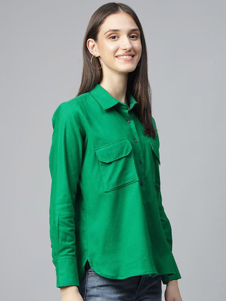 Hancock Women Green Solid Pure Cotton Relaxed Fit Casual Shirt