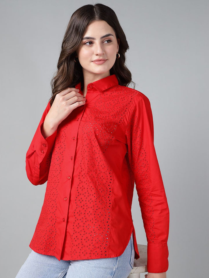 Hancock Women Red Solid Schiffli Pure Cotton Relaxed Fit Casual Shirt