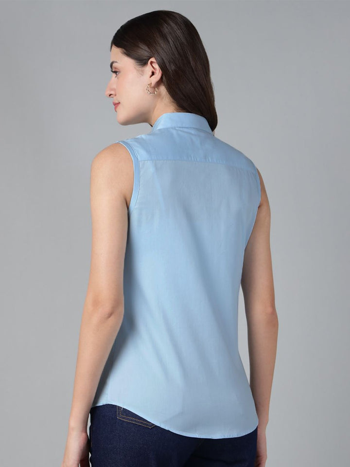Hancock Women Sky Blue Solid Pure Cotton Sleeveless Slim Fit Formal Shirt