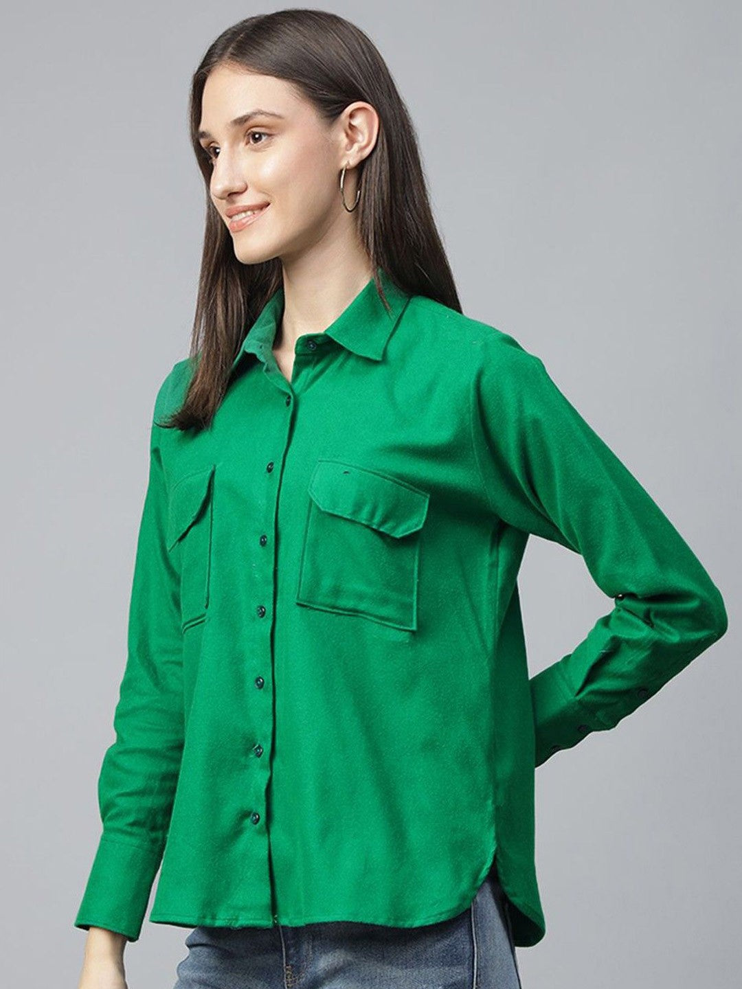 Hancock Women Green Solid Pure Cotton Relaxed Fit Casual Shirt