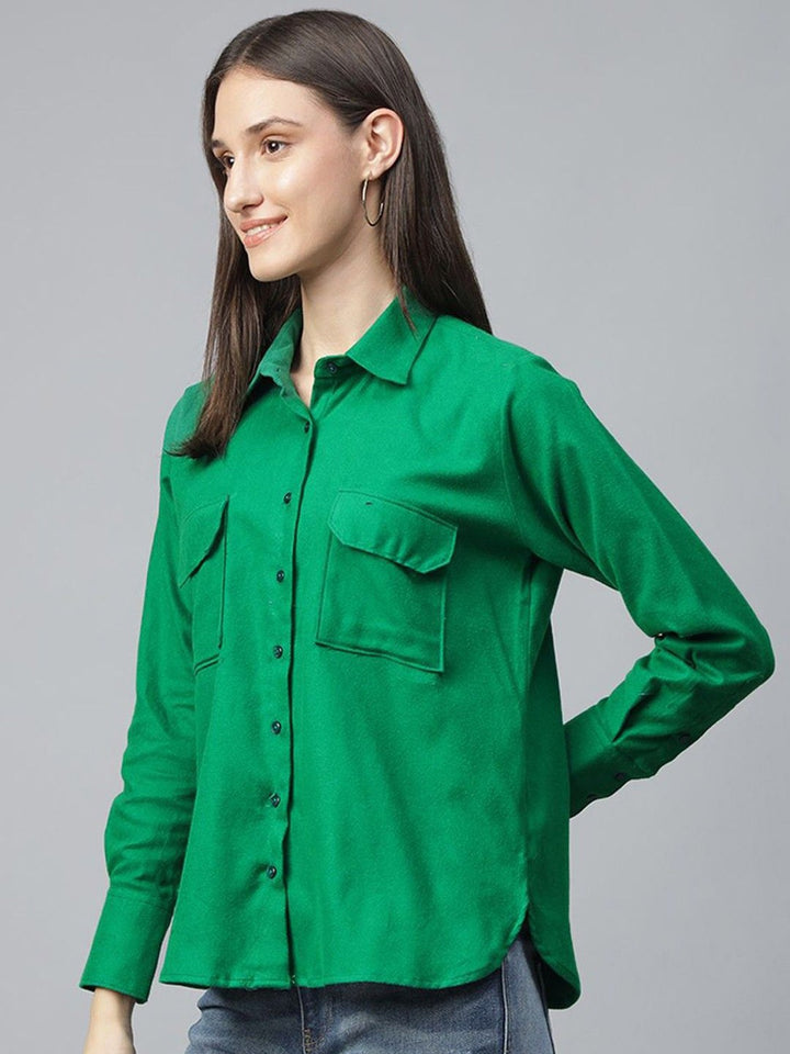 Hancock Women Green Solid Pure Cotton Relaxed Fit Casual Shirt
