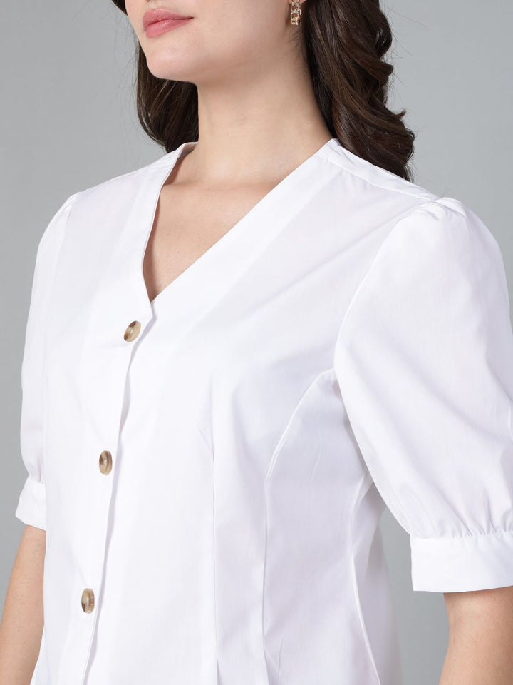 Hancock Women White Solid Pure Cotton V-Neck Pleated Regular Fit Formal Shirt
