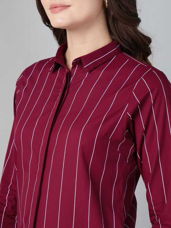 Hancock Women Maroon Stripe Pure Cotton Slim Fit Casual Shirt