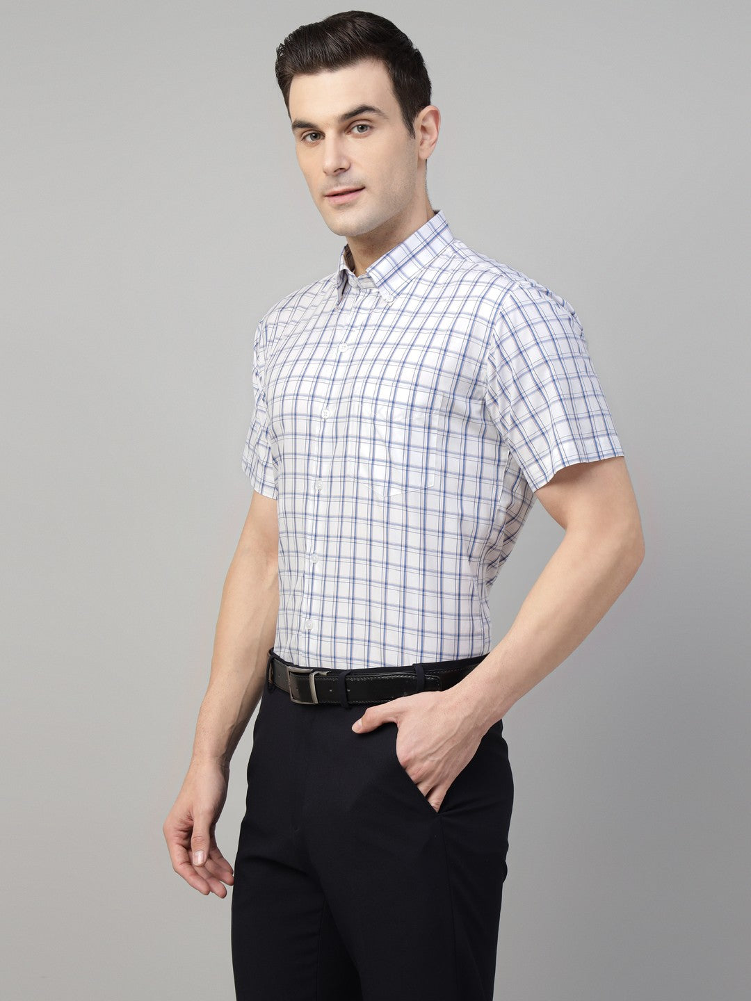 White tartan checked pure cotton button down short sleeves shirt
