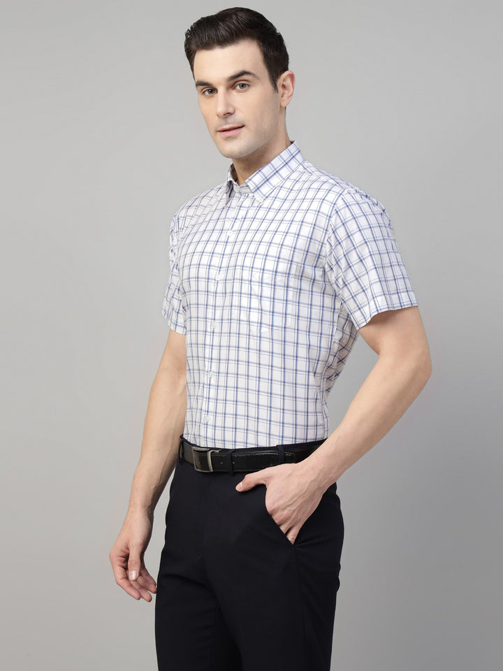White tartan checked pure cotton button down short sleeves shirt