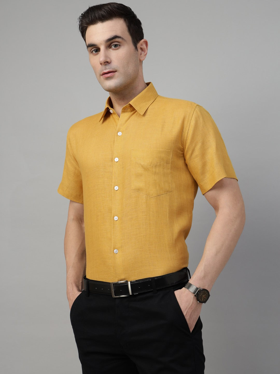 Men Mustard Solid Pure Linen Slim Fit Formal Shirt