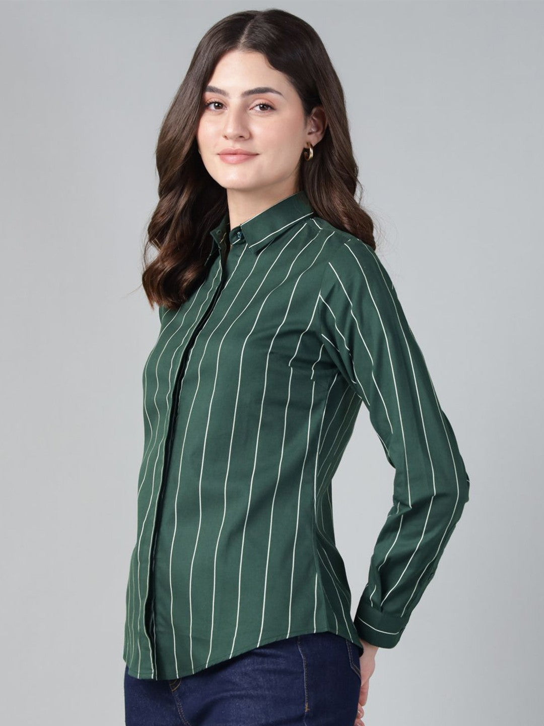 Hancock Women Bottle Green Stripe Pure Cotton Slim Fit Casual Shirt