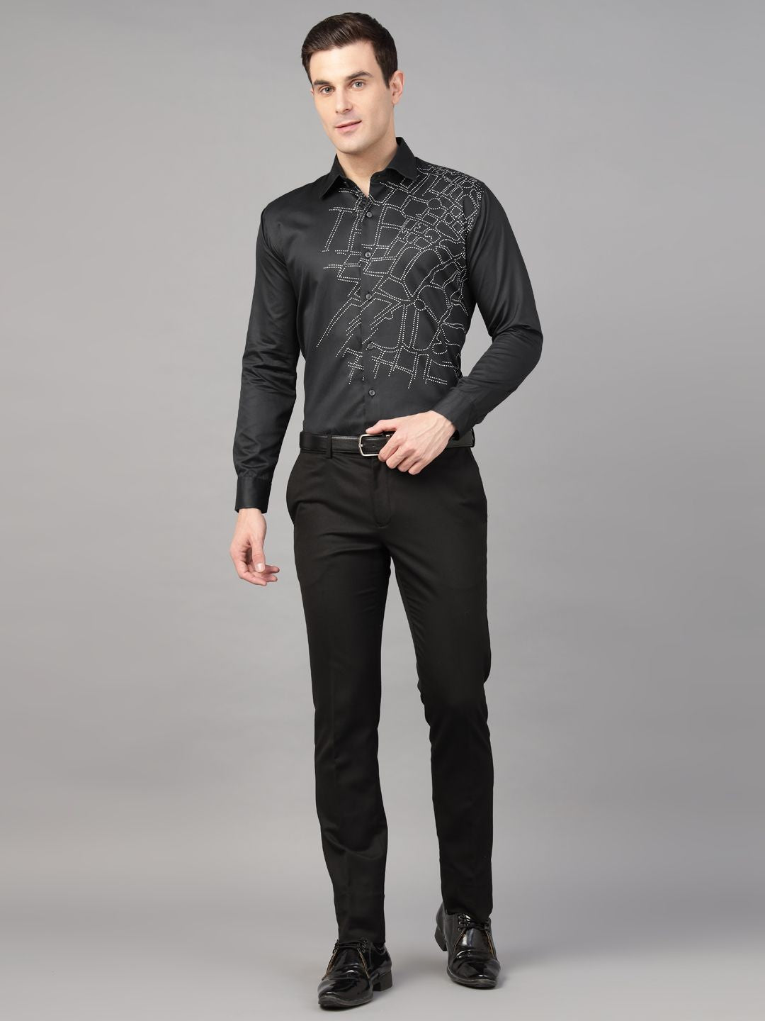Hancock Men Black Print Wrinkle Free Pure Cotton Satin Slim Fit Party Shirt