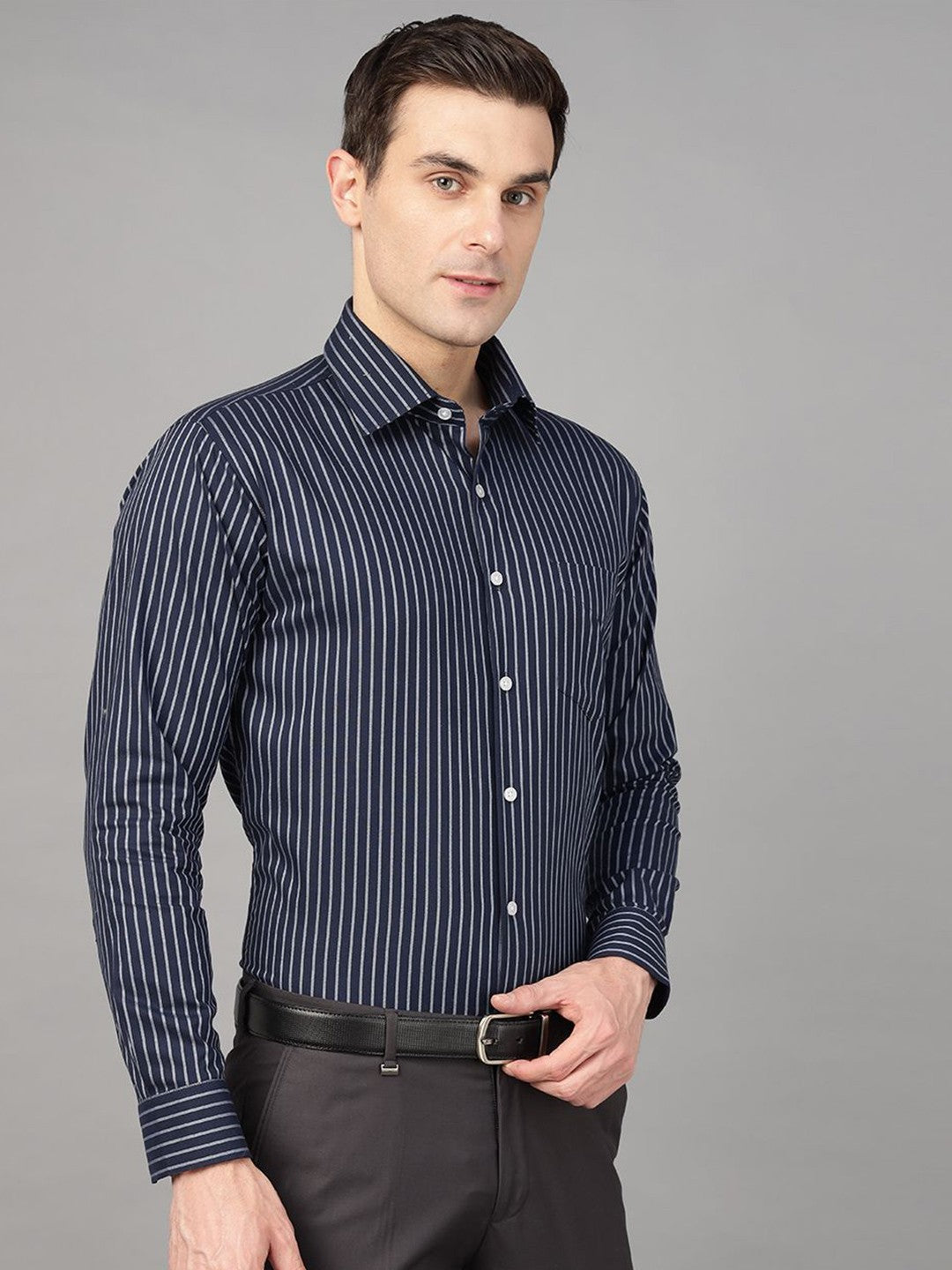 Hancock Men Navy Blue Stripe Pure Cotton Slim Fit Formal Shirt