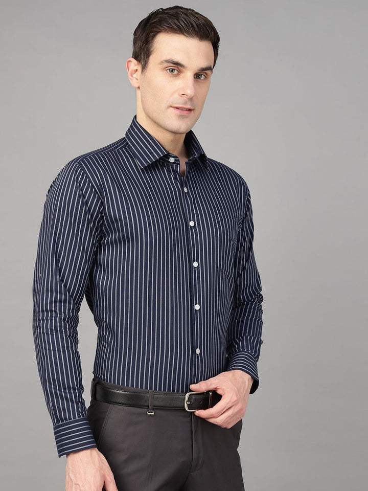 Hancock Men Navy Blue Stripe Pure Cotton Slim Fit Formal Shirt