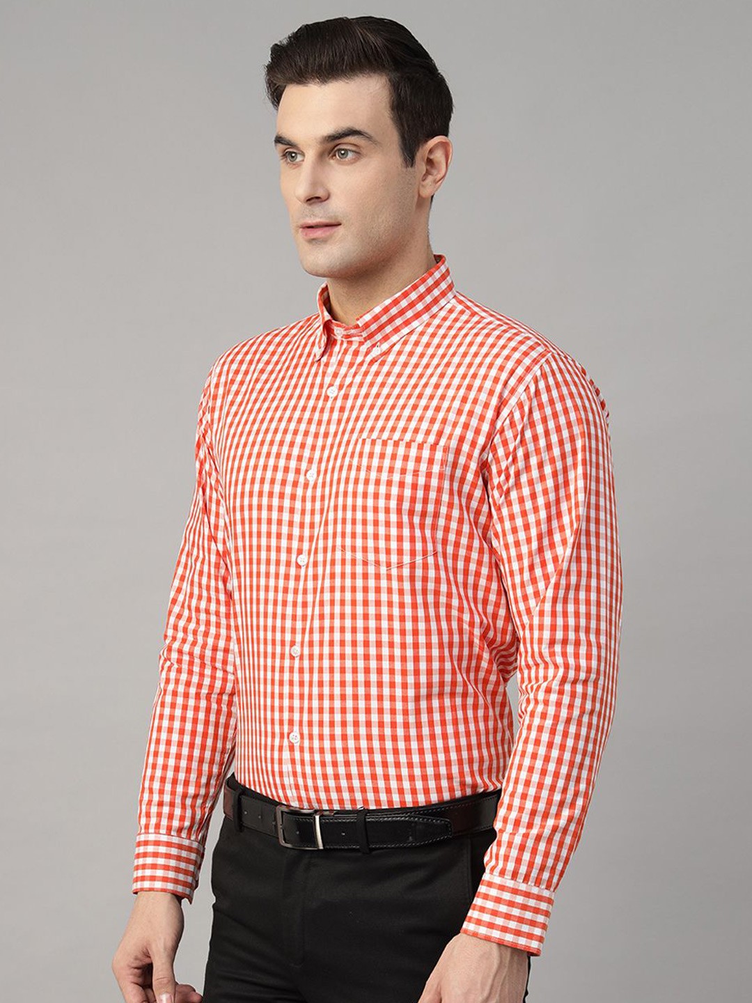 Hancock Men Orange Check Pure Cotton Slim Fit Formal Shirt