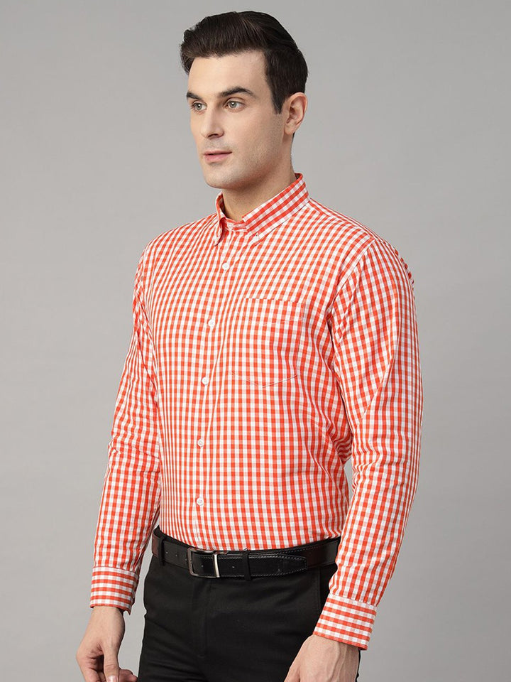 Hancock Men Orange Check Pure Cotton Slim Fit Formal Shirt