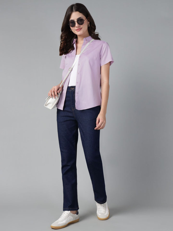 Hancock Women Lavender Solid Pure Cotton Short Sleeve Slim Fit Casual Shirt