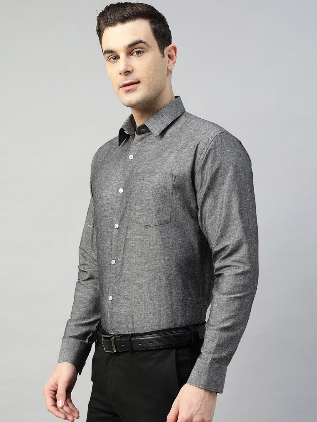 Hancock Men Grey Solid Linen Cotton Slim Fit Formal Shirt