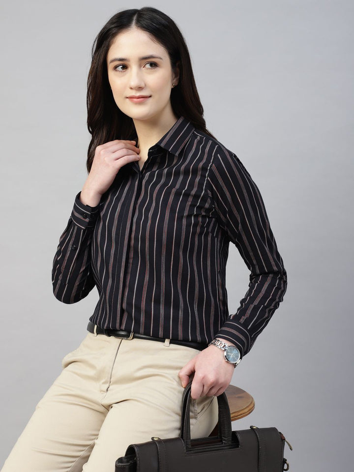 Hancock Women Navy Blue Stripe Pure Cotton Regular Fit Formal Shirt