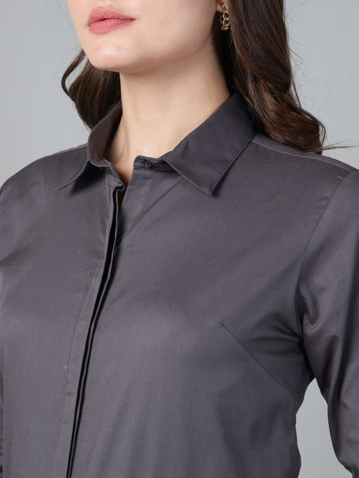 Hancock Women Dark Grey Solid Pure Cotton Regular Fit Formal Shirt