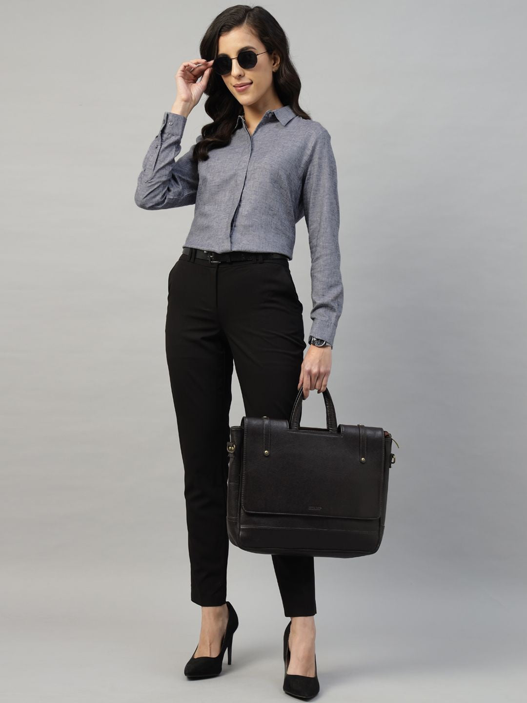 Hancock Women Grey Solid Pure Cotton Regular Fit Formal Shirt