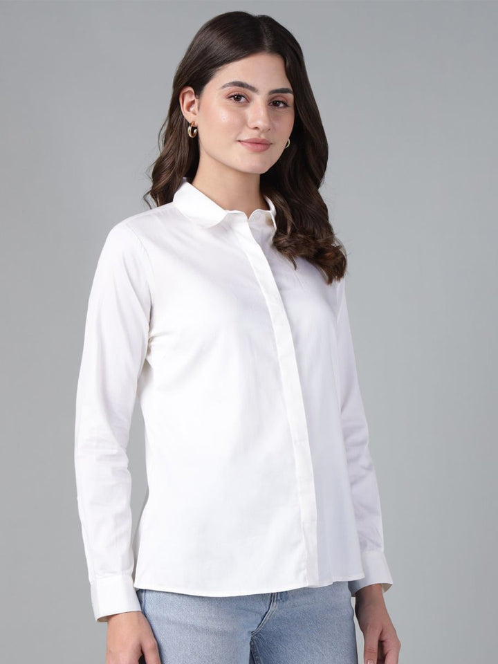 Hancock Women White Solid Pure Cotton Regular Fit Casual Shirt