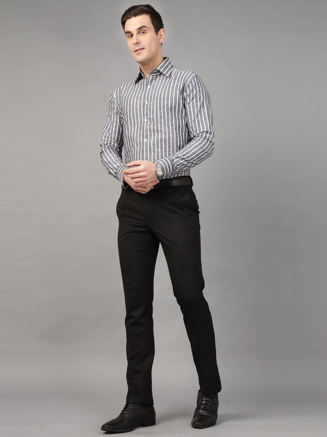 Hancock Men Grey & White Stripe Pure Cotton Slim Fit Formal Shirt