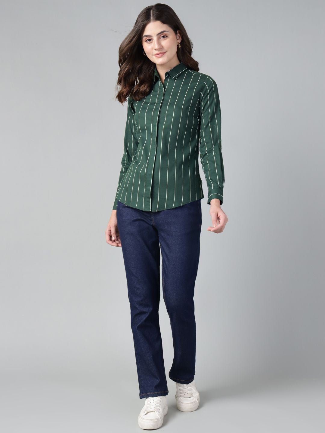 Hancock Women Bottle Green Stripe Pure Cotton Slim Fit Casual Shirt
