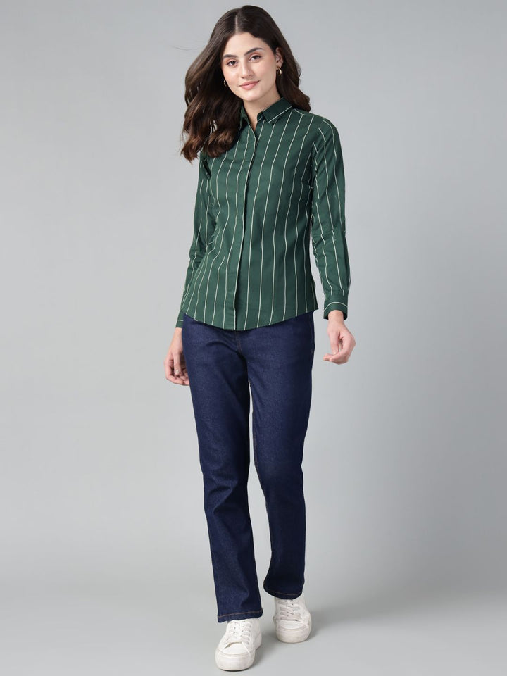 Hancock Women Bottle Green Stripe Pure Cotton Slim Fit Casual Shirt