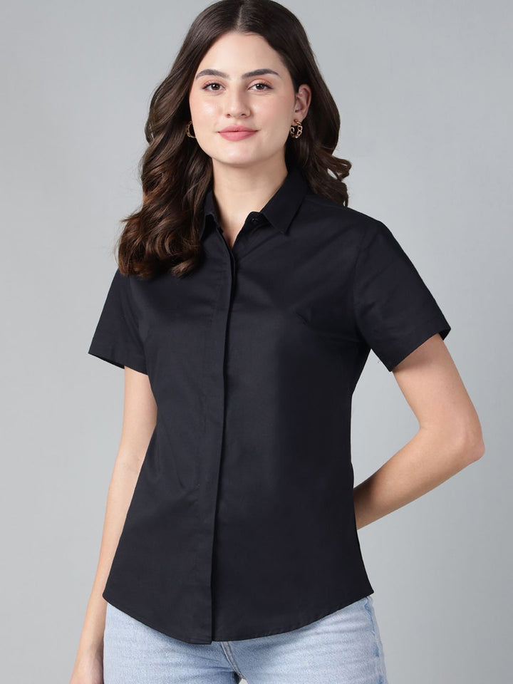 Hancock Women Black Solid Pure Cotton Short Sleeve Slim Fit Formal Shirt
