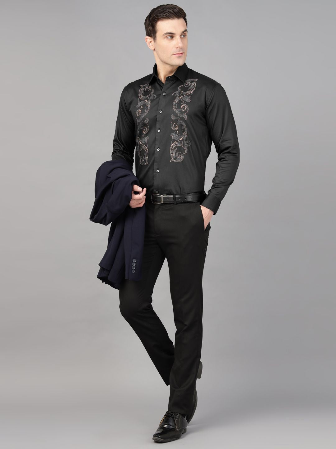 Hancock Men Black Print Wrinkle Free Pure Cotton Satin Slim Fit Party Shirt