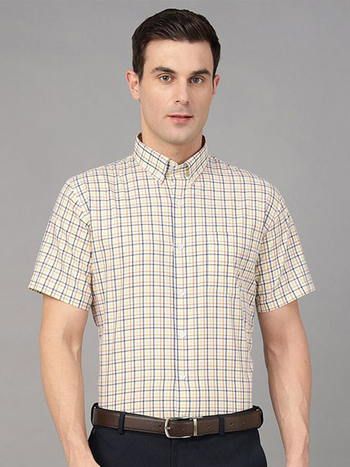 Hancock Men Cream & Yellow Checks Pure Cotton Slim Fit Formal Shirt
