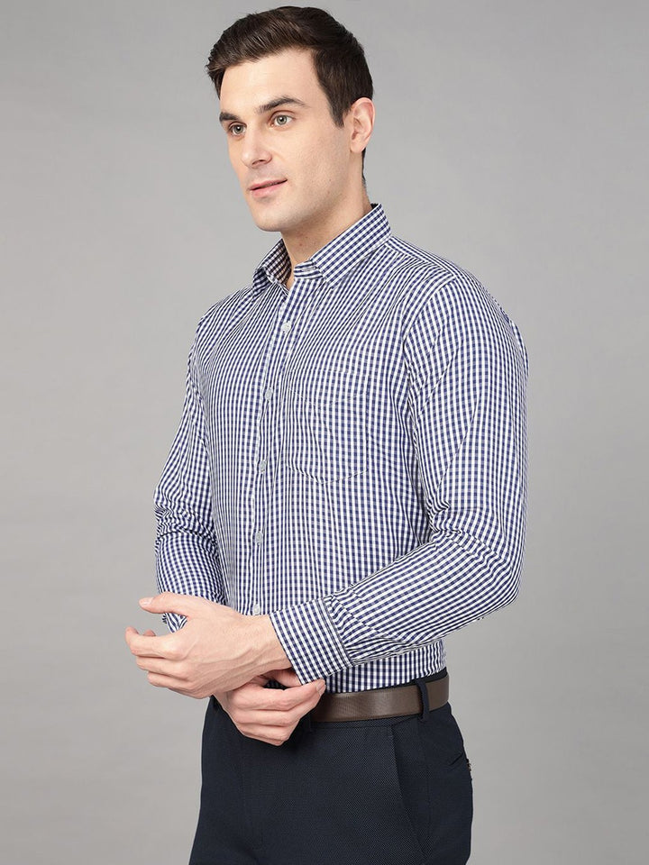 Hancock Men Navy Blue Check Pure Cotton Slim Fit Formal Shirt