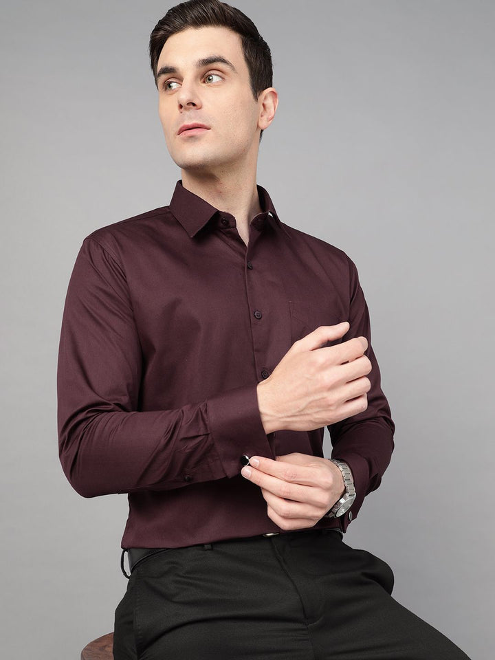 Wine solid pure cotton french cuff opaque Formal shirt ,has a spread collar, patch pocket, button placket, long regular sleeves, curved hem
