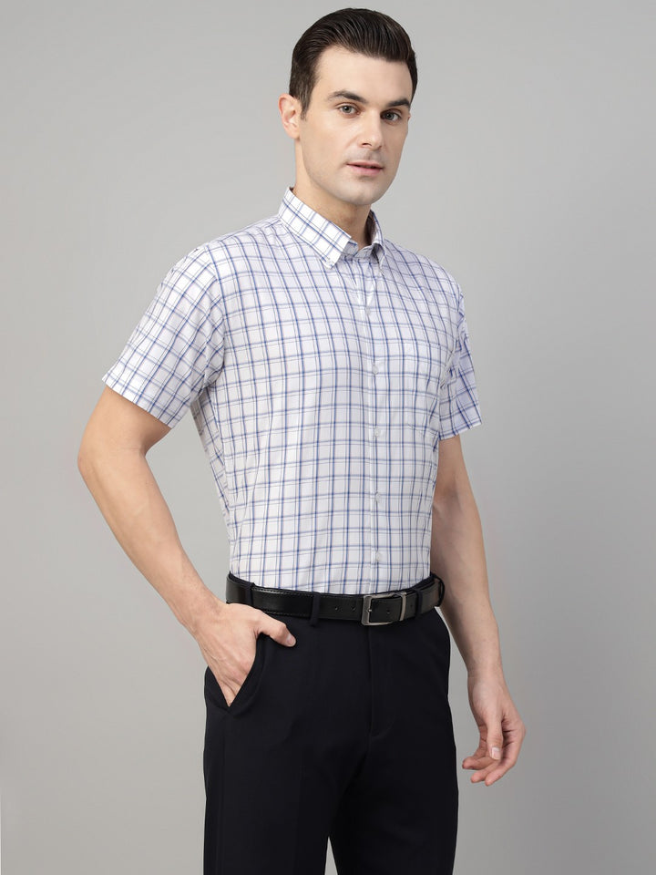 White tartan checked pure cotton button down short sleeves shirt