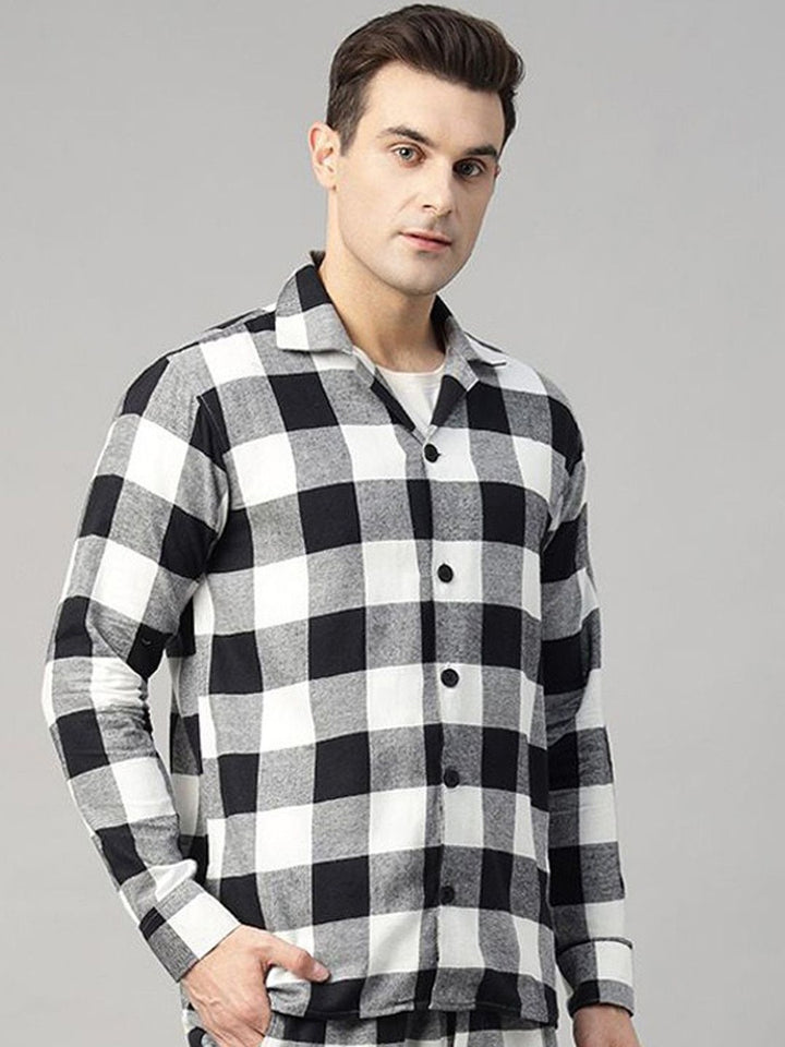 Hancock Men Black & Grey Check Pure Cotton Relaxed Fit Night Wear Night Suit
