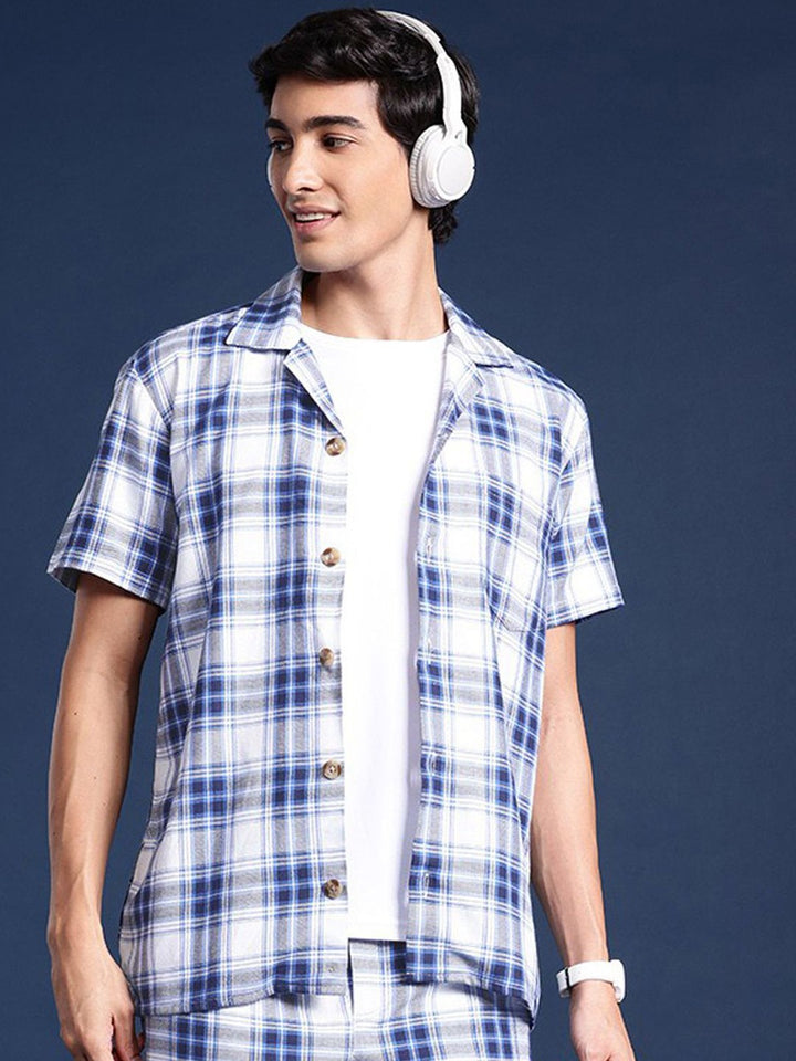Hancock Men White & Blue Check Pure Cotton Relaxed Fit Night Wear Night Suit