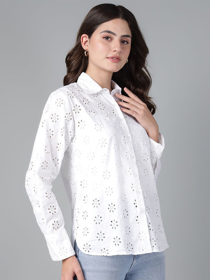 Hancock Women White Solid Schiffli Pure Cotton Relaxed Fit Casual Shirt