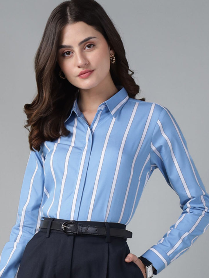 Hancock Women Blue & White Stripe Pure Cotton Regular Fit Formal Shirt