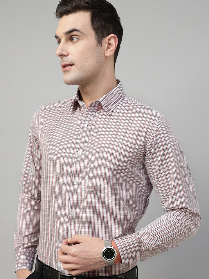 Men Cream & Coral Check Cotton Slim Fit Formal Shirt
