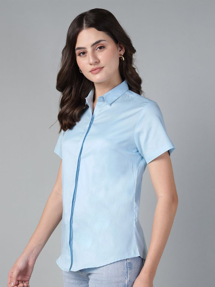 Hancock Women Sky Blue Solid Pure Cotton Short Sleeve Slim Fit Formal Shirt
