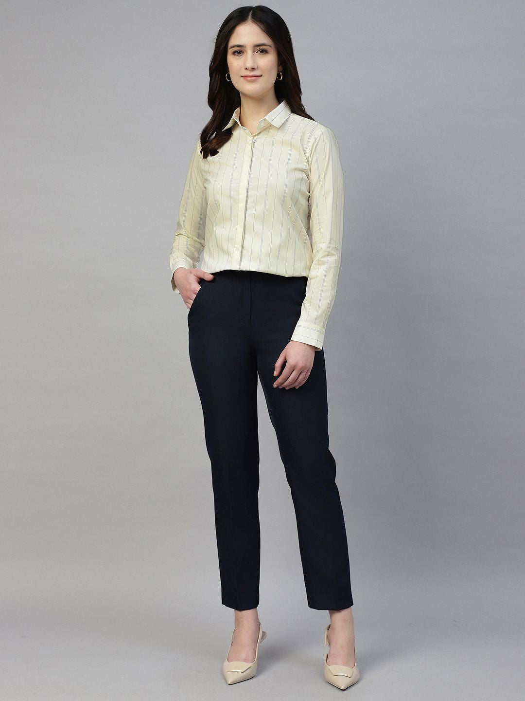 Hancock Women Cream Stripe Pure Cotton Regular Fit Formal Shirt