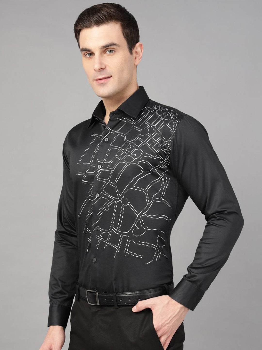 Hancock Men Black Print Wrinkle Free Pure Cotton Satin Slim Fit Party Shirt
