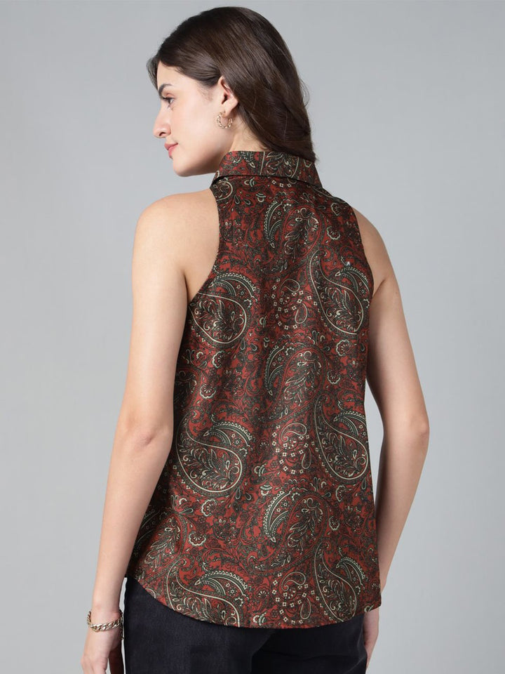 Hancock Women Maroon Print Pure Cotton Sleeveless Regular Fit Casual Shirt
