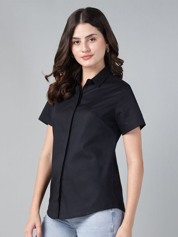 Hancock Women Black Solid Pure Cotton Short Sleeve Slim Fit Casual Shirt
