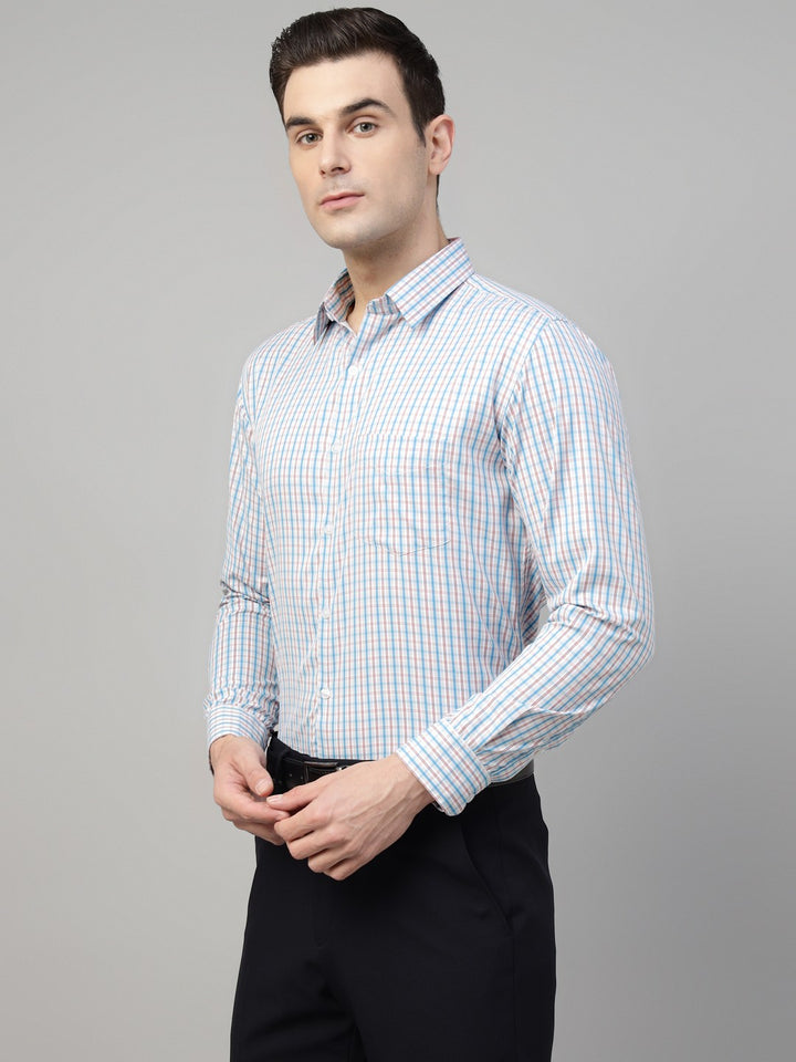 Men White & Blue Check Cotton Slim Fit Formal Shirt