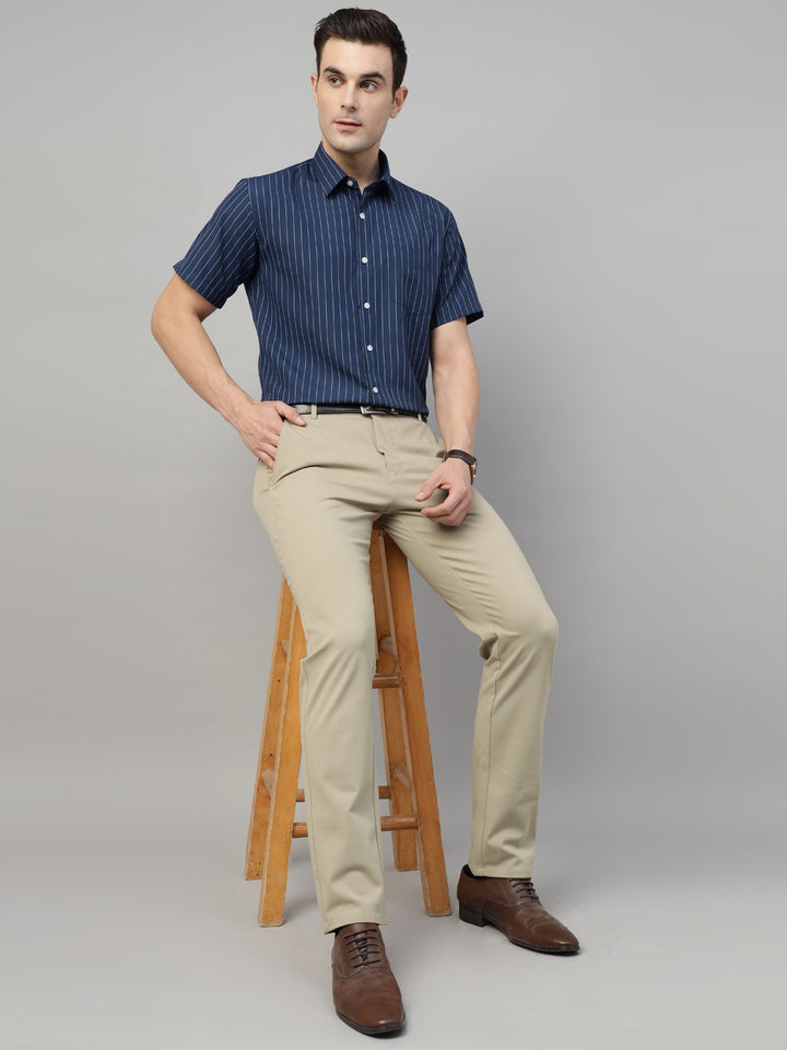 Men Navy Blue Stripe Cotton Slim Fit Formal Shirt