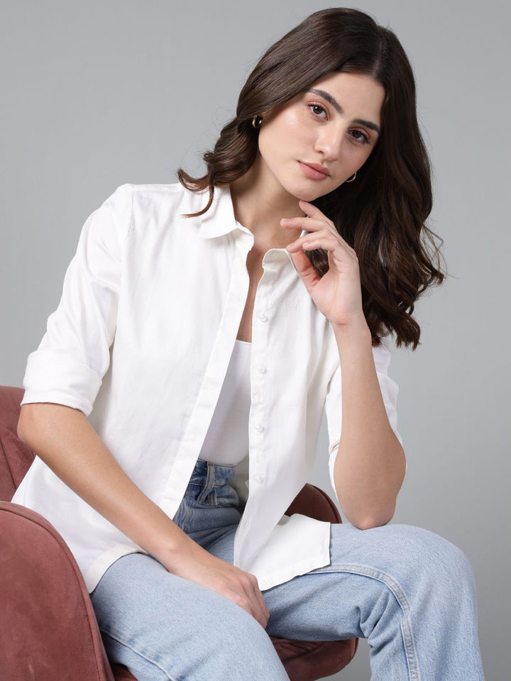 Hancock Women White Solid Pure Cotton Regular Fit Casual Shirt