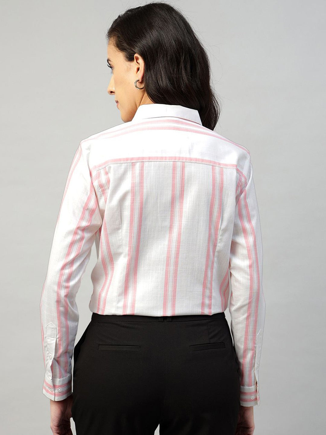 Hancock Women White & Pink Striped Pure Cotton Regular Fit Formal Shirt