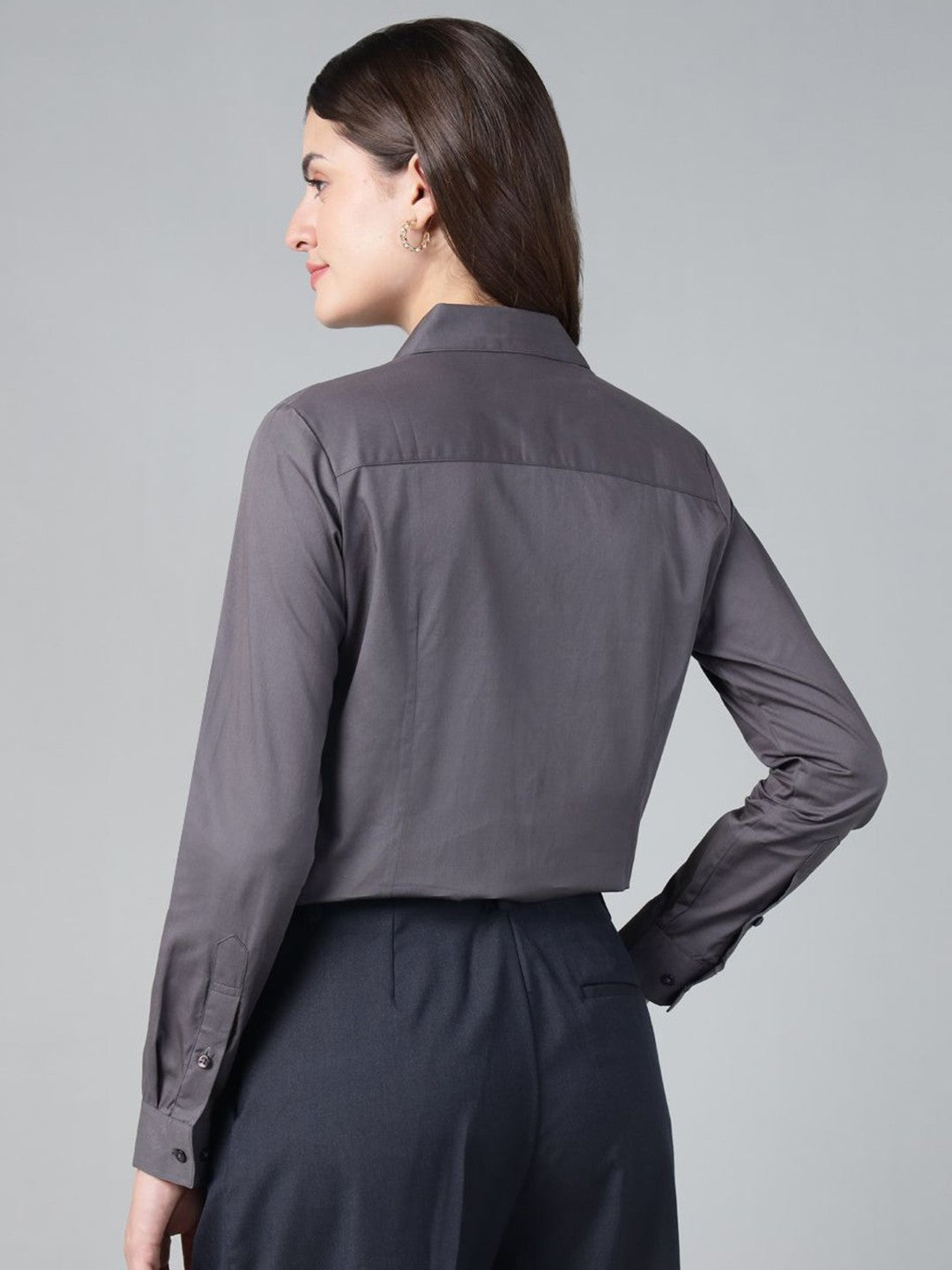 Hancock Women Dark Grey Solid Pure Cotton Regular Fit Formal Shirt