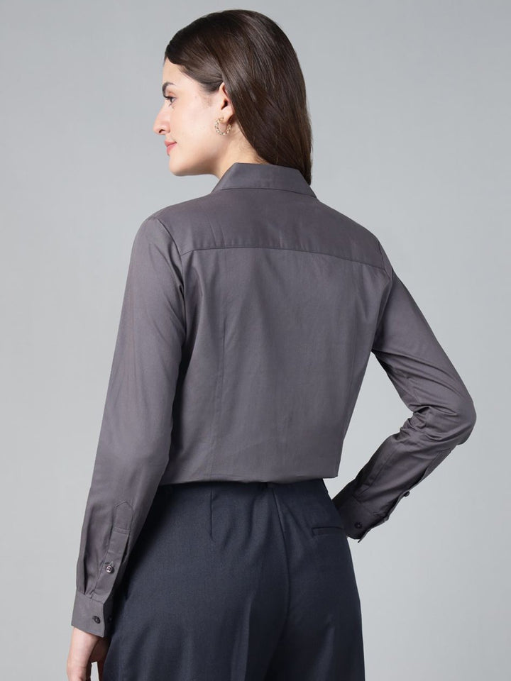 Hancock Women Dark Grey Solid Pure Cotton Regular Fit Formal Shirt