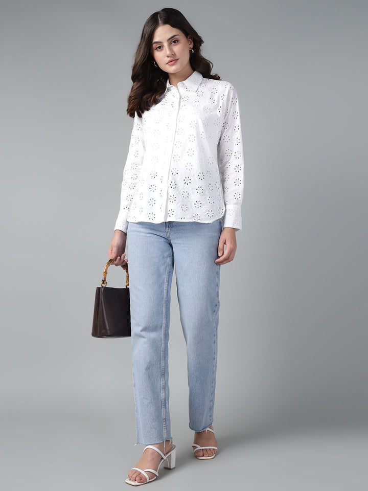 Hancock Women White Solid Schiffli Pure Cotton Relaxed Fit Casual Shirt