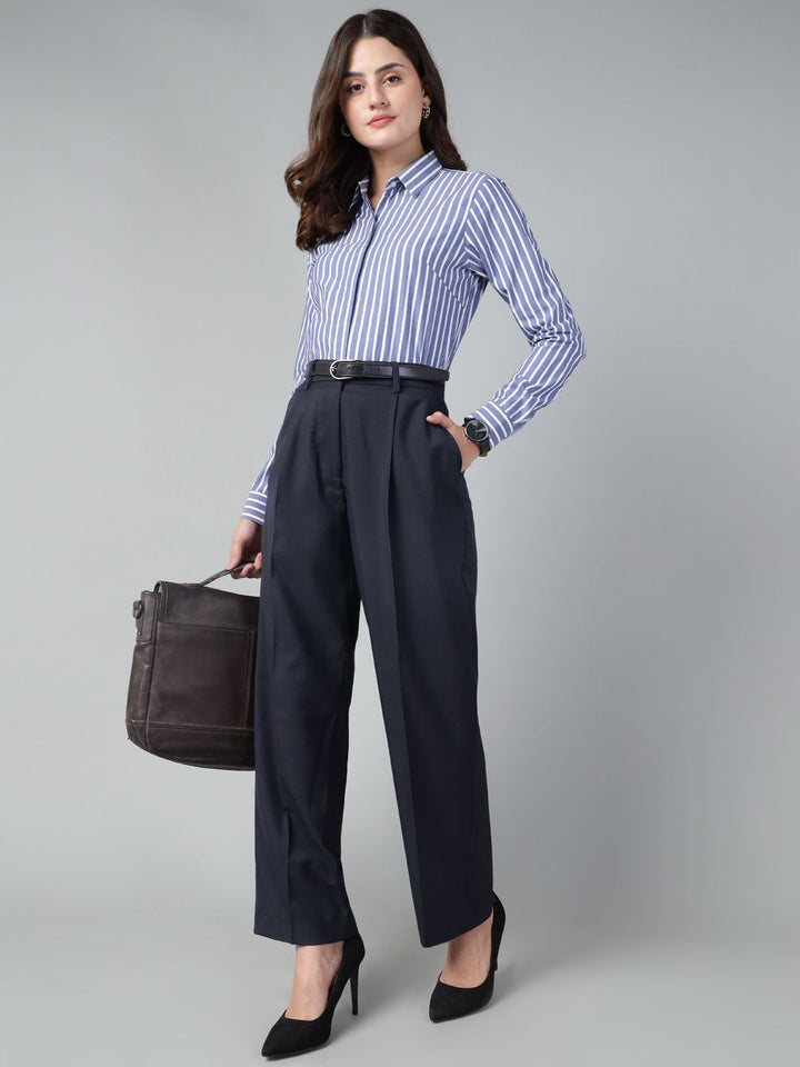 Hancock Women Blue & White Stripe Pure Cotton Regular Fit Formal Shirt